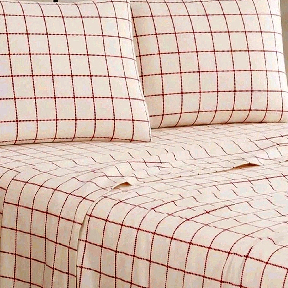Queen Duvet Cover Pillow Sham Red Cream White Plaid Bedding Standard Textile - Picture 8 of 8